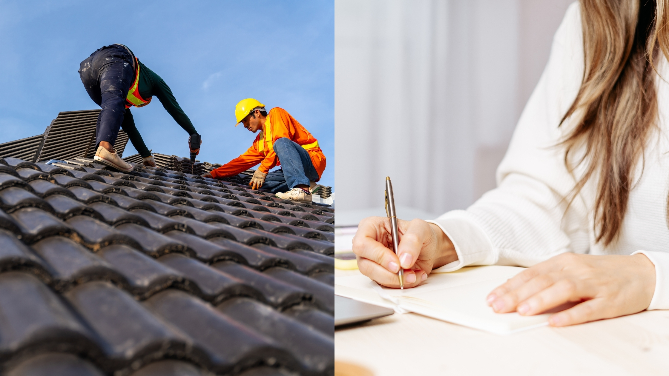 Roofers working on a tile roof next to a woman reviewing business documents — Geniaki bridges trade work and business systems